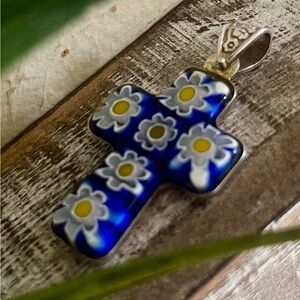 Handcrafted Glass Floral Cross Pendant